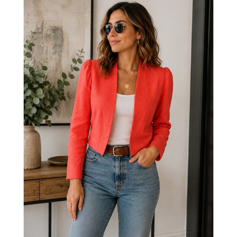 Vintage Helga Coral Pink Cropped Blazer Puff Shoulder Open Front Jacket Size 16